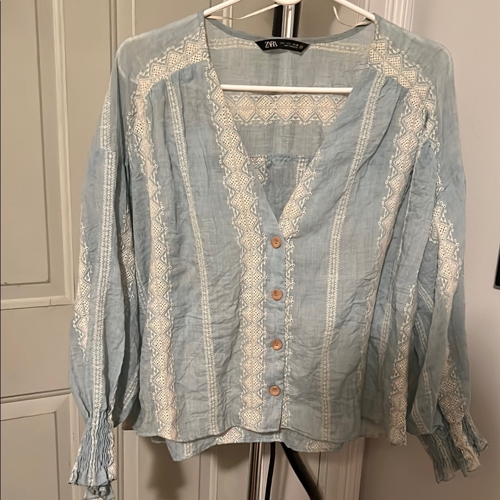Zara Blue Women's Top with Lace Detail